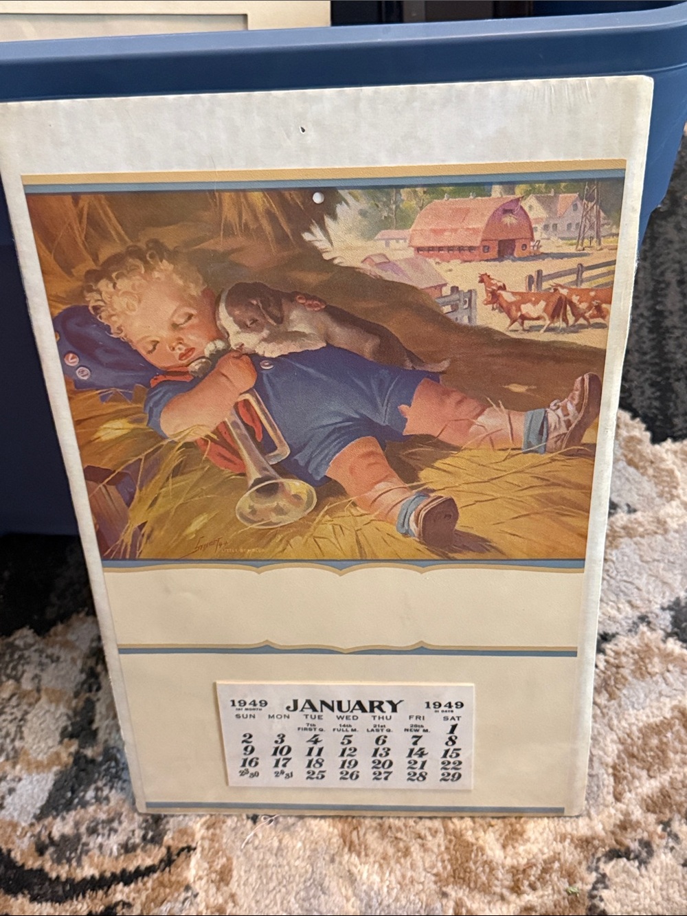 Vintage Nursery Wall Art Print calendar,- Blue/Tan Child Illustration
